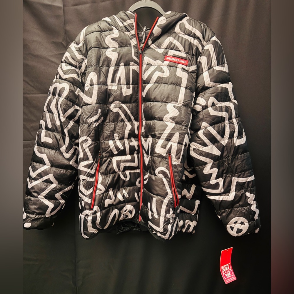 K. Herring Member’s Only Collab Black and White Graphic Puffer Jacket